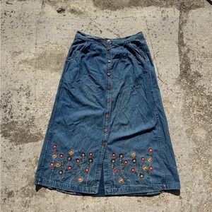 New Directions Blue Denim Maxi Skirt with Floral Embroidery